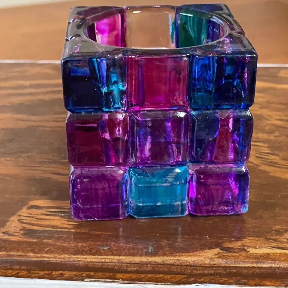 Colorful Cube Glass Votive Candle Holder Pink Blue Purple